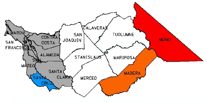 Map outlining counties in Zone 3 which are Marin, San Francisco, San Mateo, Santa Cruz, Contra Costa, Alameda, Santa Clara, San Joaquin, Stanislaus, Merced, Calaveras, Tuolumne, Mariposa, Madera, and Mono
