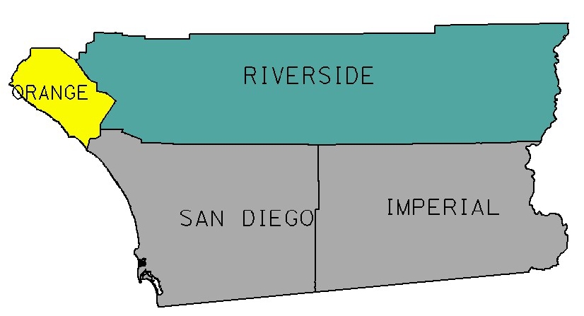 Map outlining counties in Zone 6 which are Orange, Riverside, Imperial, and San Diego