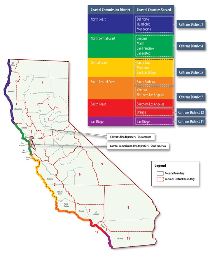 The image is a map of California. Coastal Commission Districts are color-coded to indicate the 15 Caltrans counties served along the coast.