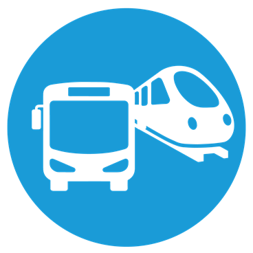 blue circle with white train and bus icons