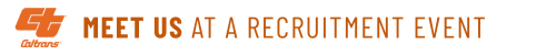 Caltrans logo in orange. Meet us at a recruitment event.