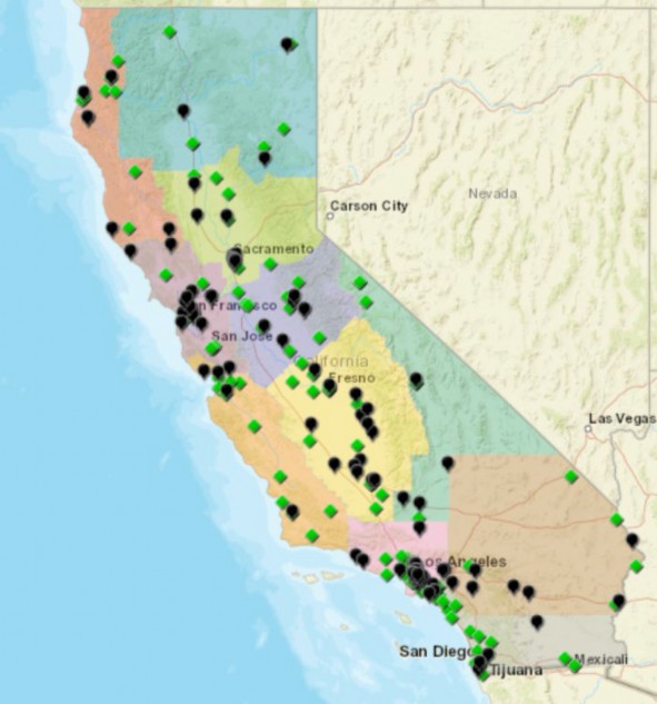 Map of California with both local grants and projects marked.