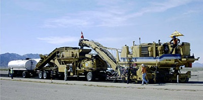 Cold In-Place Recycling train doing work on pavement during the day 