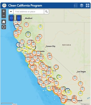 A map of the state of California with "Clean CA" Circles showing locations of Clean CA projects around the state. 
