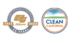Two Caltrans logos side by side: on the left is Caltrans' blue-gray and gold 50th Anniversary logo with "The California Department of Transportation" in the arc above and "50 Years" in the arc below. The Caltrans "CT" logo in gold is in the center of the blue-gray circle and flanked by gold ribbons on either side that read "1973" on the left and "2023' on the right. The logo on the right is Caltrans' Rebuilding CA (California) logo. The silhouette of a gear in navy blue with the outline of a walking grizzly bear flanked by two stars in white at the top. An orange band wraps the gear with the word "Rebuilding" in white appears below the bear. "CA" displays at the bottom of the gear in white below the orange band.