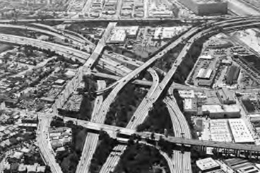 1960s era freeways and ramps interleaving; as seen from above.