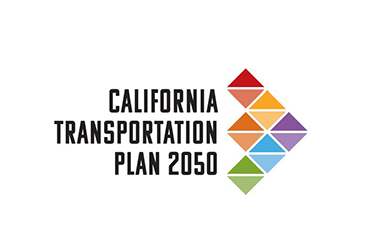 The arrow-shaped California Transportation Plan 2050 logo has a group of 6 multicolor diamond-shaped squares in red, orange, green, yellow, blue and purple that make up the point of the arrow which leads the viewer’s eye to the right. The multicolored diamonds echo Caltrans’ multimodal approach to transportation.