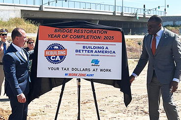 Photo of Caltrans Director Tony Tavares and California Transportation Secretary Toks Omishakin unveiling a project sign with the new Rebuilding California logo on it.