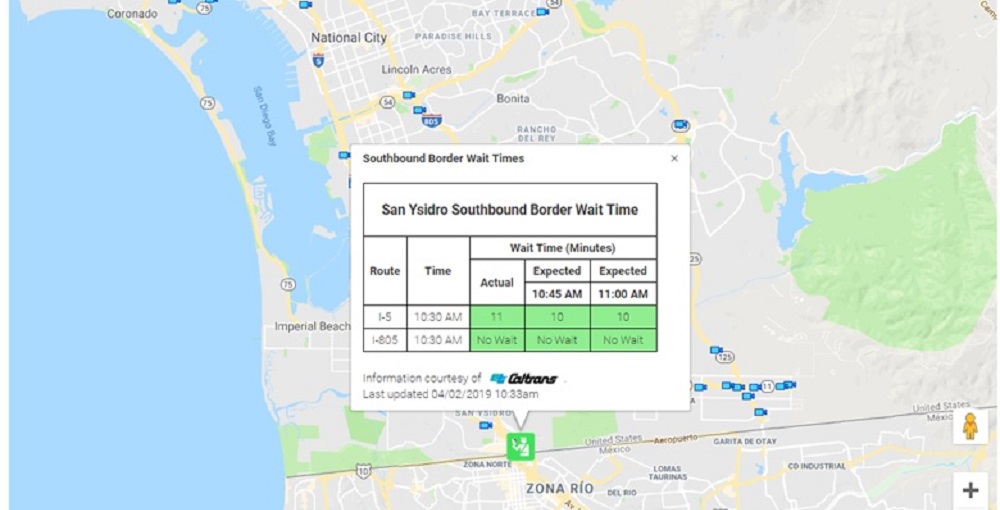 This image is a screenshot of Quickmaps, showing that the San Ysidro Border has no wait time on I-805.