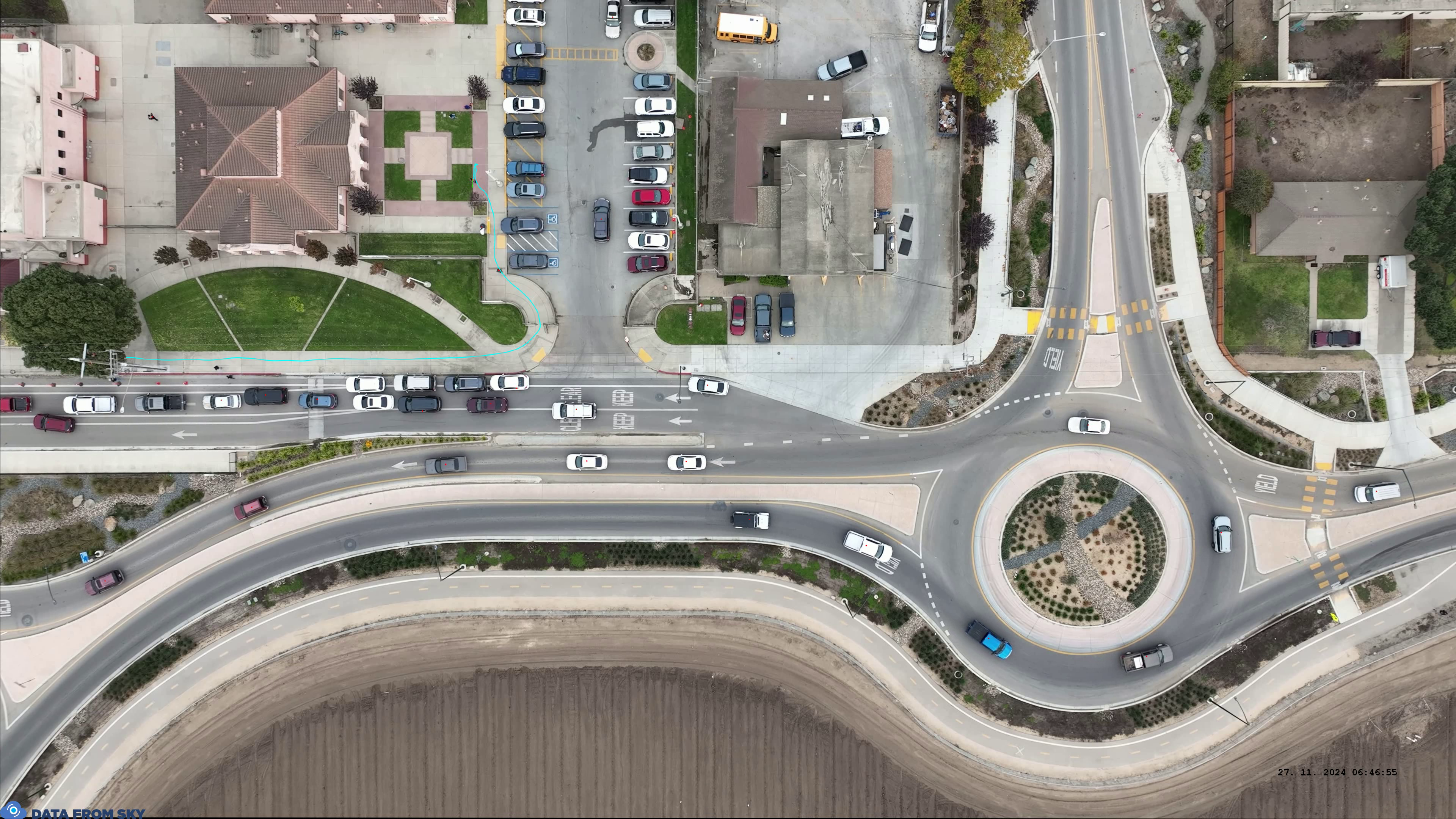 Ariel photo of Bardin Road with improvements visible, including two roundabouts