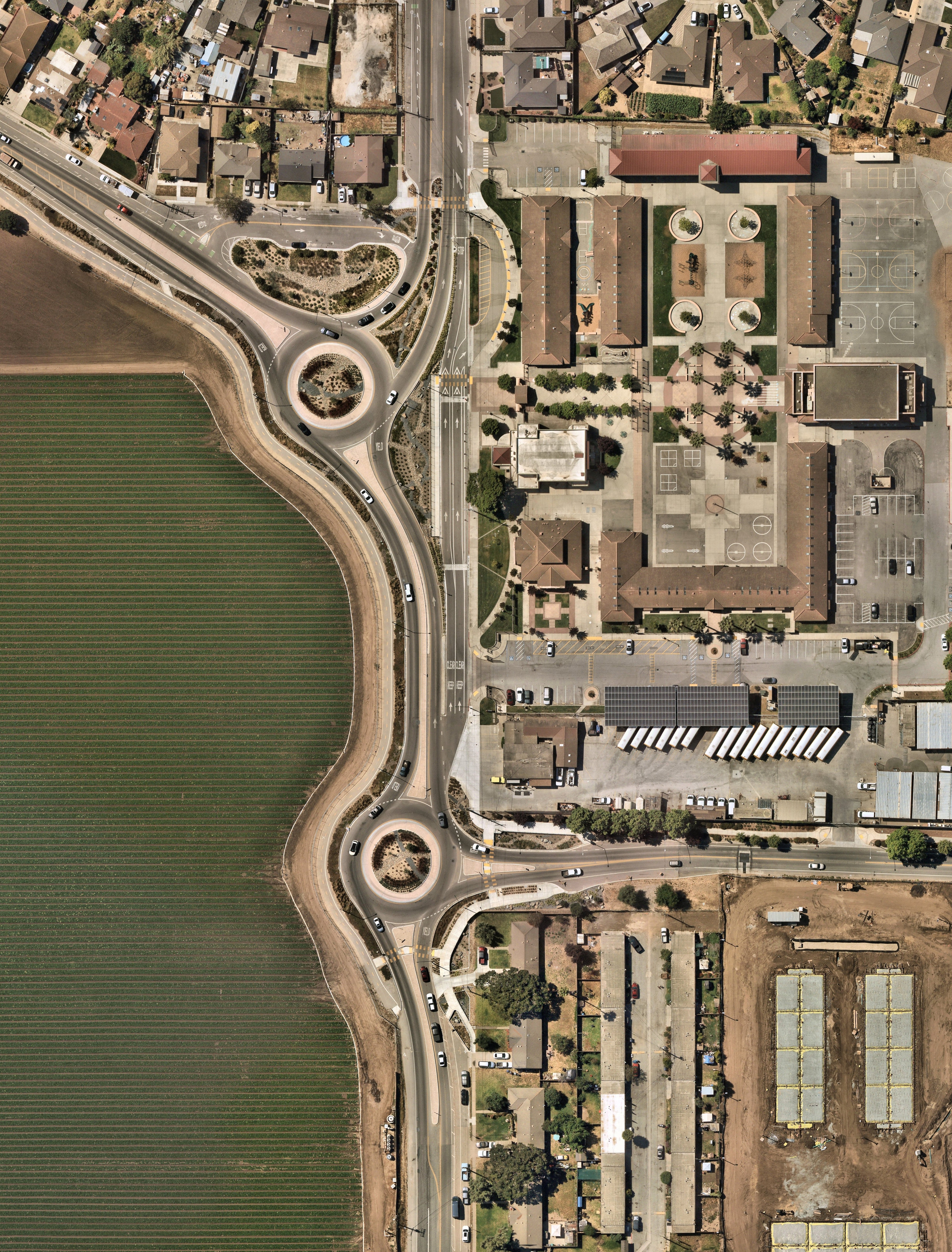 Ariel photo of Bardin Road with improvements visible, including two roundabouts