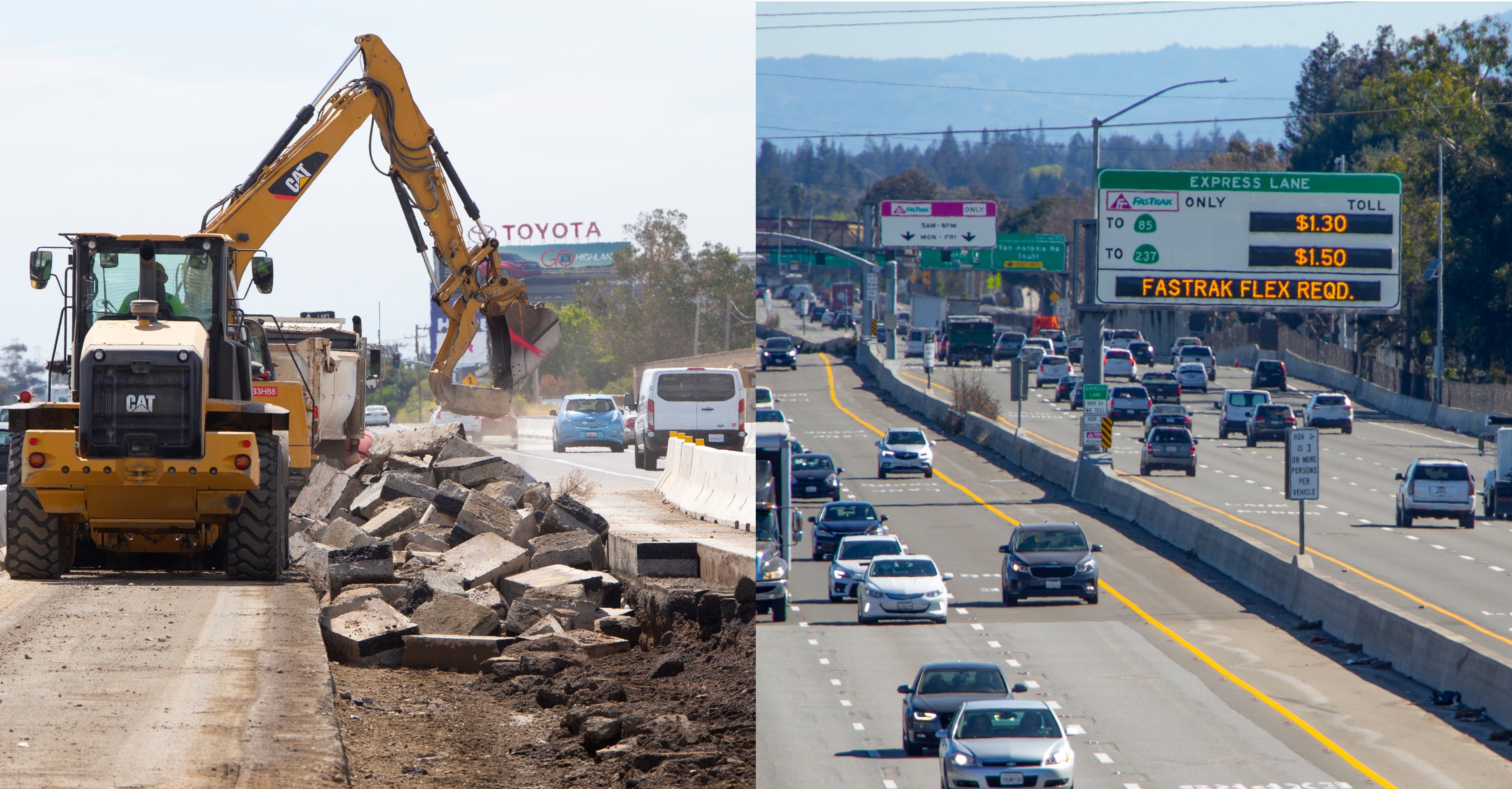 Two photos - on the left, a construction vehicle dismantling the pavement as cars go nearby. On the right, cars commute past the FasTrak informational board
