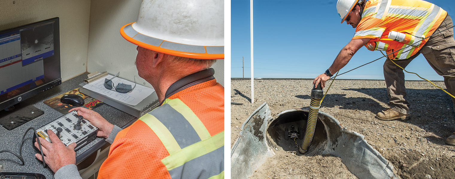 Photo of two Caltrans workers facilitate the culvert inspection process. One inspector controls the robot via remote control, and the other guides the robot into the culvert.