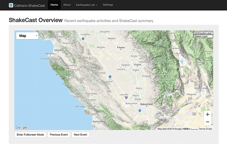 Screenshot of the online ShakeCast Overview Map showing areas of California where earthquakes occur