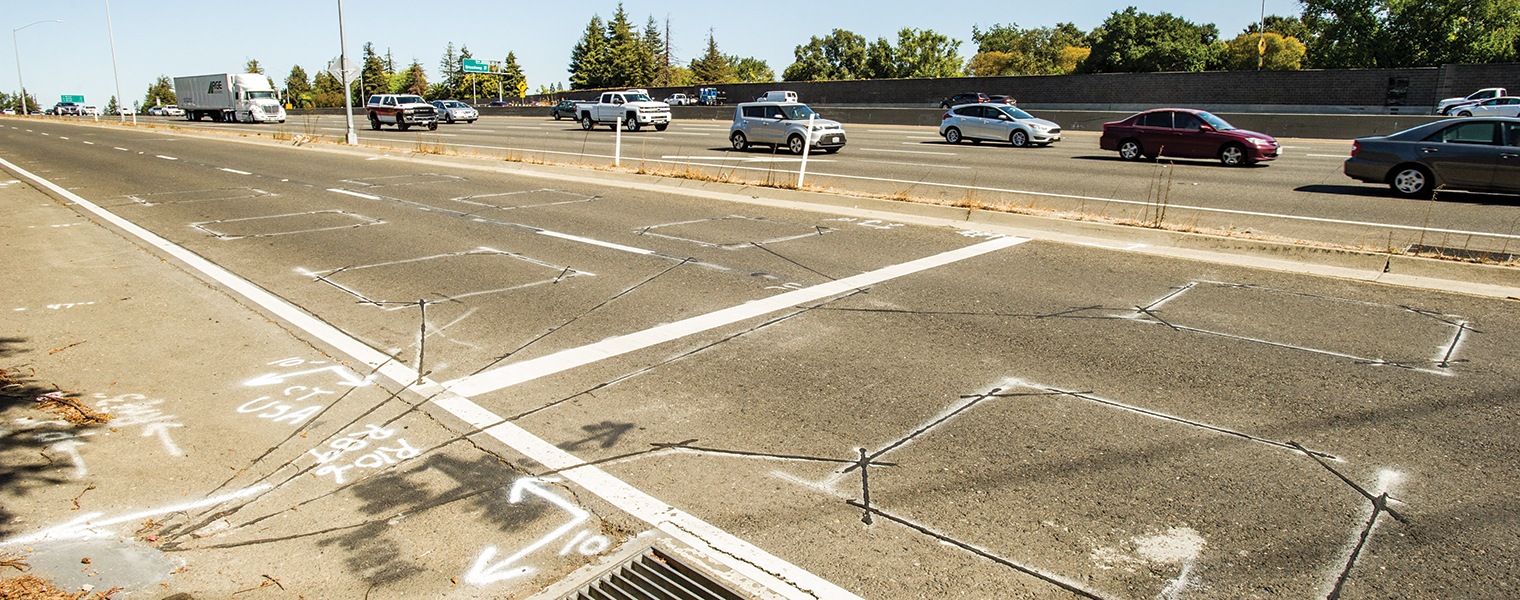 Under the squares cut into the pavement are ramp metering sensors called loop detectors, which measure lane-by-lane traffic density to control the number of vehicles merging onto the main freeway. The meters are one of the key parts of roadway infrastructure system managed by Caltrans.