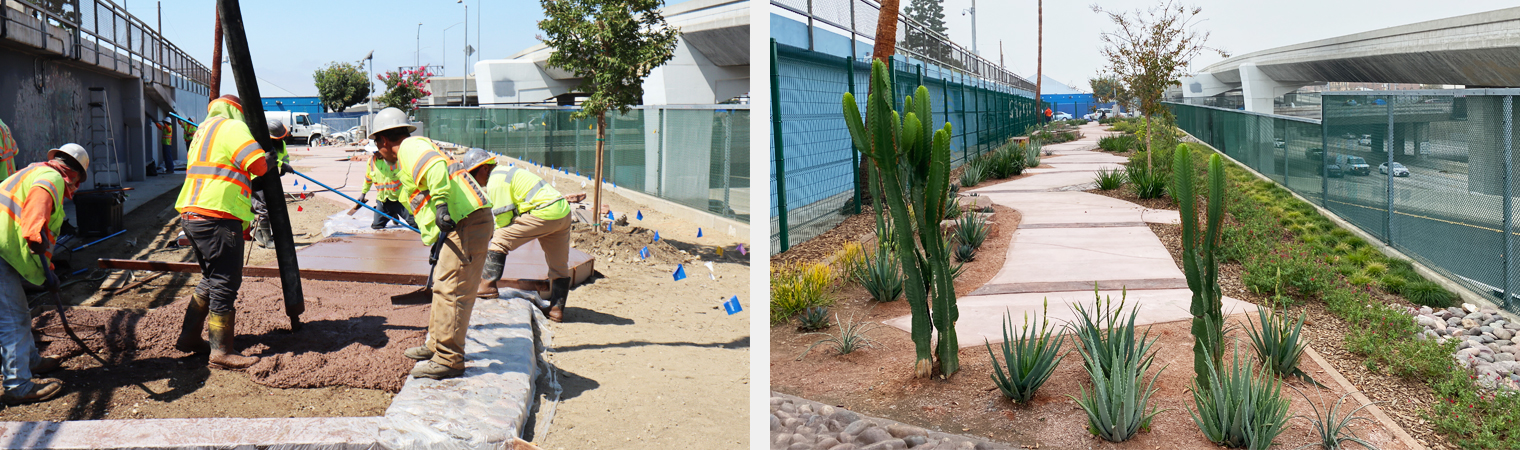 Photo showing a before and after beautifcation project. On the left, construction workers pour concrete. On the right, completed project with paving and planted trees and plants.