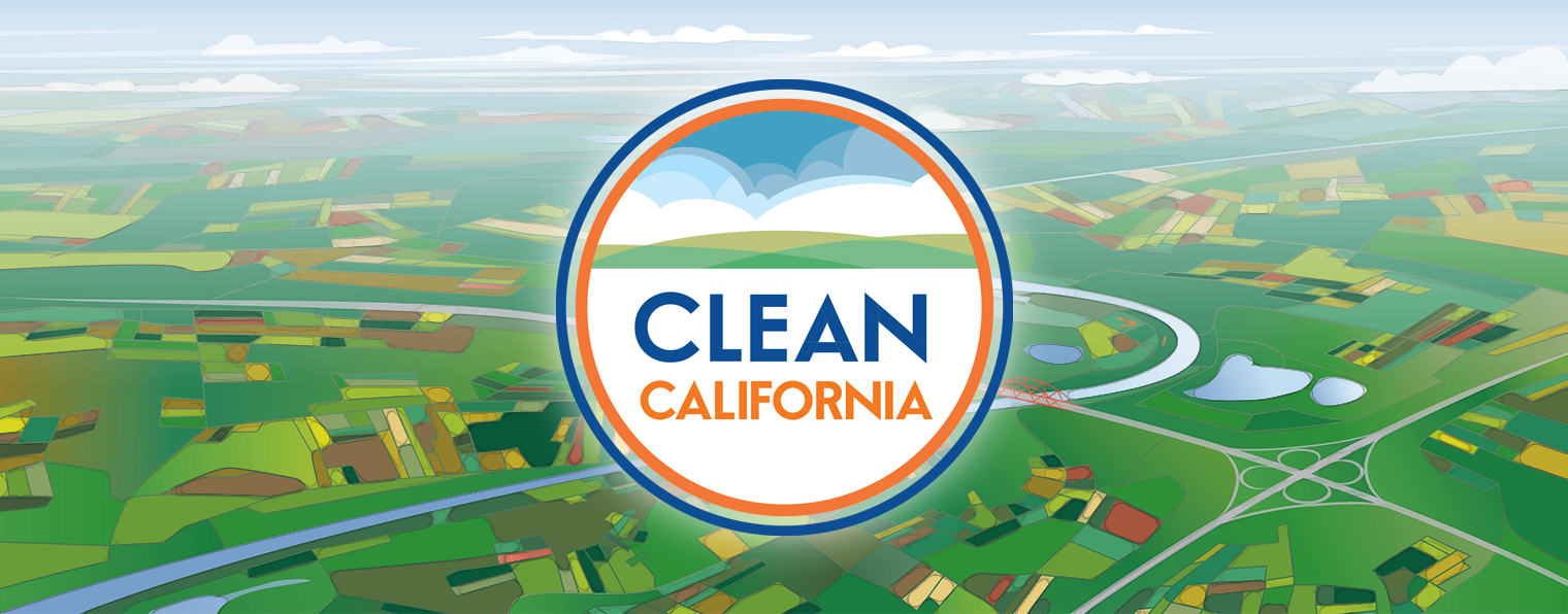 Conceptual art showing an aerial view of a landscape with bridge, road, and river with the Clean California logo in the foreground.