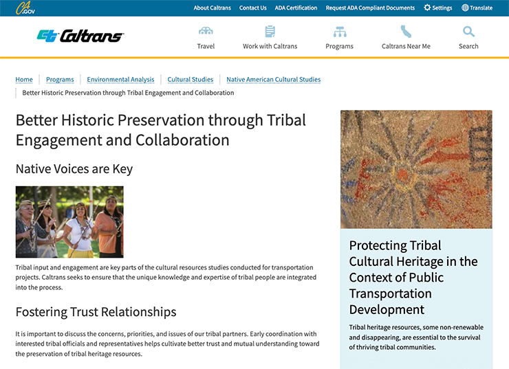 Photo of Caltrans Cultural Studies webpage.