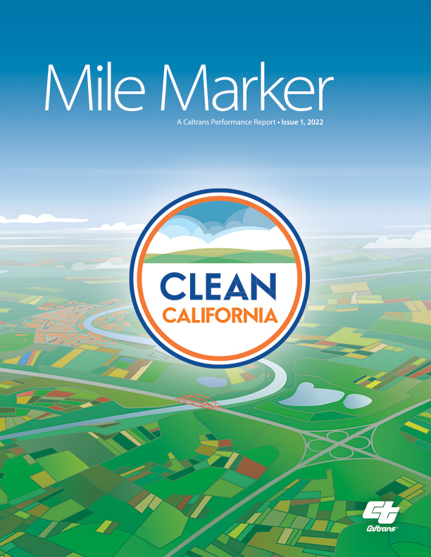 Figure: Issue 1 2022 Mile Marker cover featuring the Clean California logo in the foreground and aerial landscape in the background.