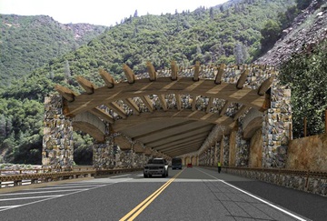 This artist's rendition shows how the rock shed will look once installed along State Route 140 west of Yosemite