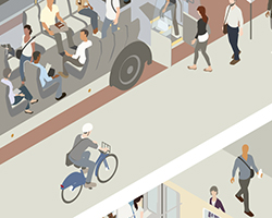 Conceptual Art showing people boarding a bus and train, with many pedestrians and a bicyclist.