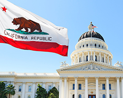 Photo of the California State Capitol building with California State Flag in the foreground.