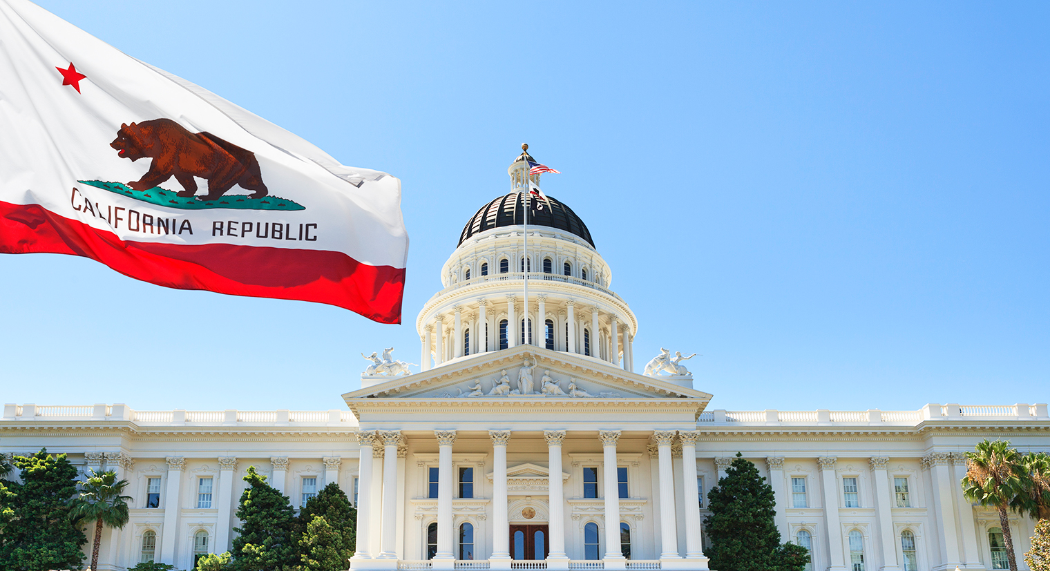 Photo of the California State Capitol building with California State Flag in the foreground.