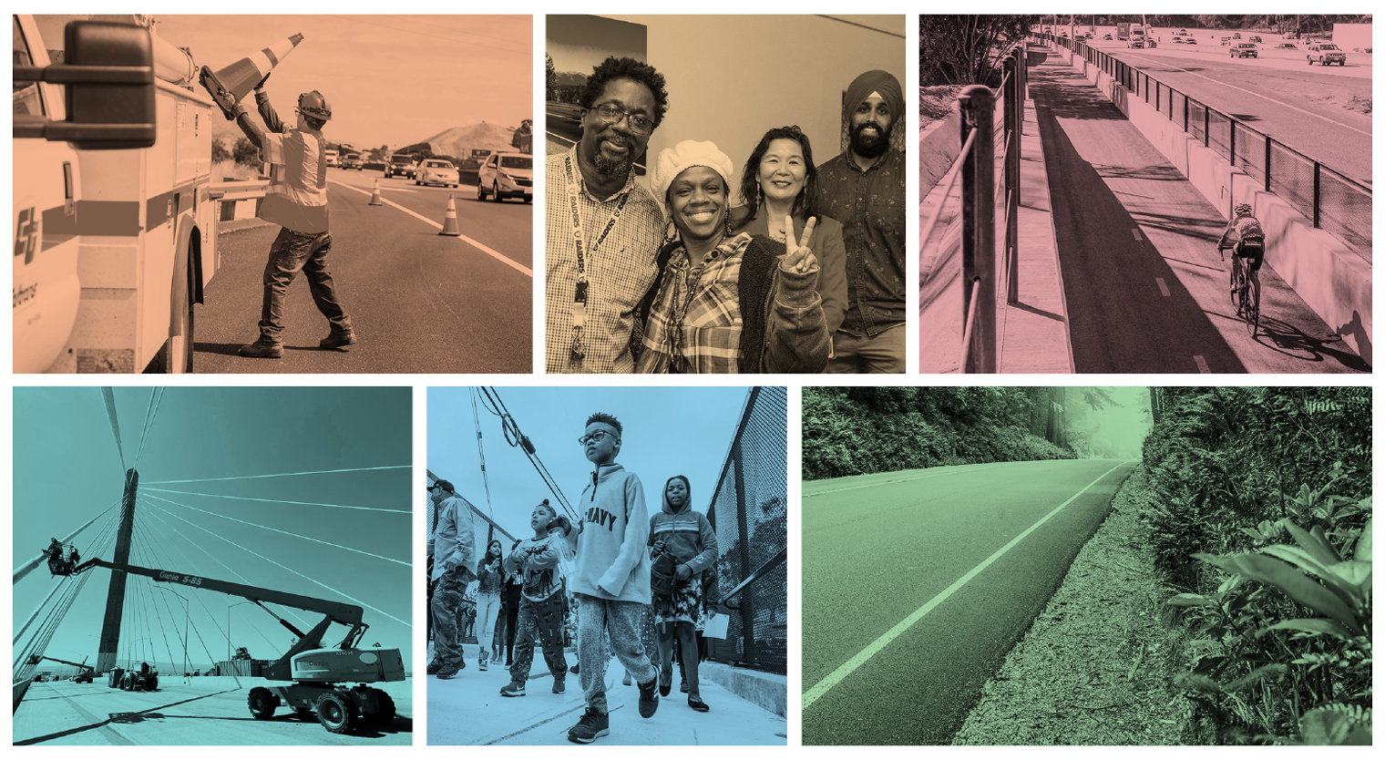 Lead in Photos for story depicting Caltrans employees, a road, pedestrians, a bridge, and a bike path