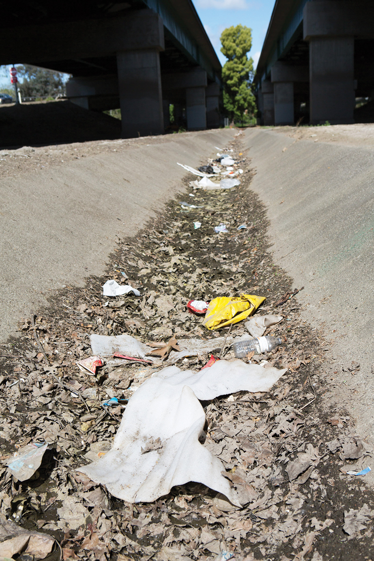 Photo of a gutter between two highway bridges filled with leaves and litter