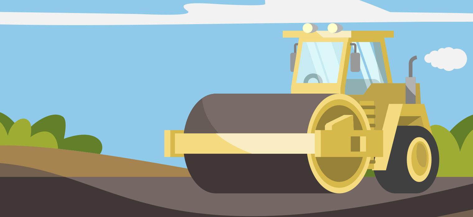 Graphic art illustration of a road roller flattening asphalt on a roadway.