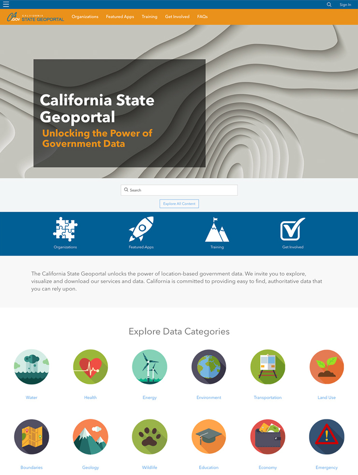 Thumbnail image of the California State Geoportal home page website.