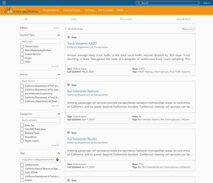 Image of website page on the California State Geoportal website that allows the user to choose categories before searching locations on the map.