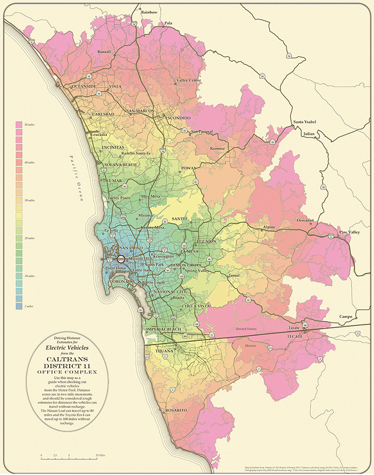 Image of an artistically rendered map of the San Diego area, showing electrical vehicle usage in the area.