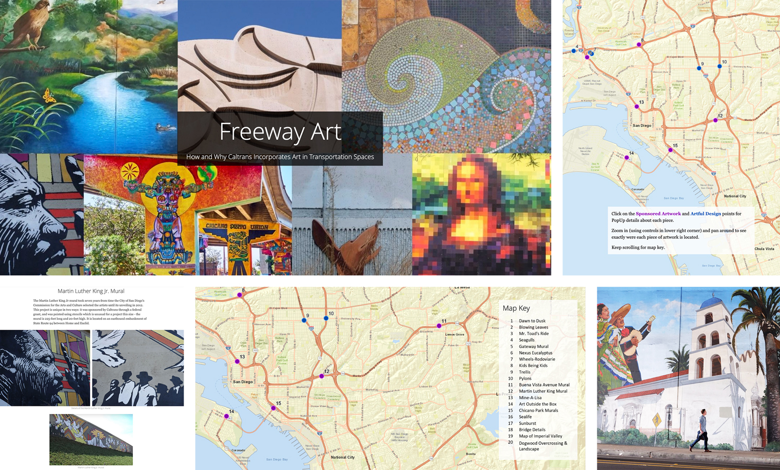 Photo collage of the Freeway Art story map showing map locations and photographs of murals in a couple locations in the area.