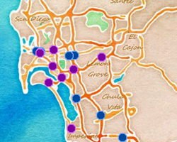 Artistic rendering of a map of the San Diego area. On the map, locations are pinned showing the locations of freeway art murals in the area.