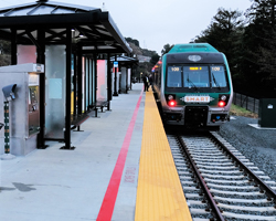 Photo of the SMART train pulling into Larkspur Station in Santa Rosa.
