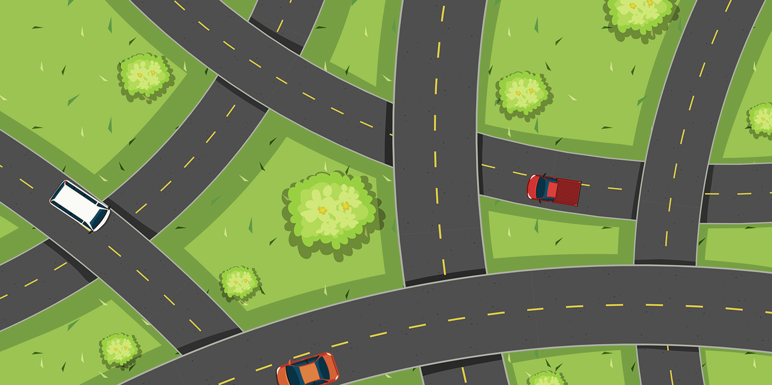 Graphic illustration of an overhead view of many roads and three cars driving over them.