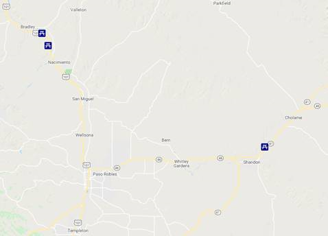 Map of two electric vehicle charging stations on US 101 near Camp Roberts Rest Area in Monterey County and another on Highway 46 near Shandon Rest Area in San Luis Obispo County.