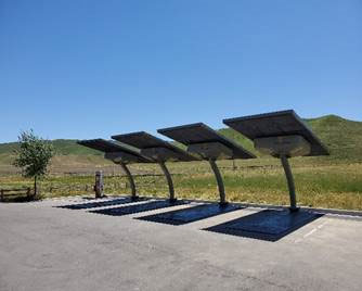 Solar-powered electric vehicle charging station at Shandon Rest Area off of Highway 46 in San Luis Obispo County.