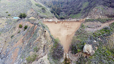 Aerial view shosw the progress of fill construction looking up the Canyon at Rat Creek from Mar. 26, 2021.