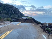 Before - California Highway 1 at Rat Creek near Big Sur: road-level view on Jan 29, 2021, where the road ends abruptly in a giant hole where 150' of roadway washed into the Pacific Ocean below. As soon as it was safe to be on scene, Caltrans assessed the damage to develop a plan for emergency repair operations.
