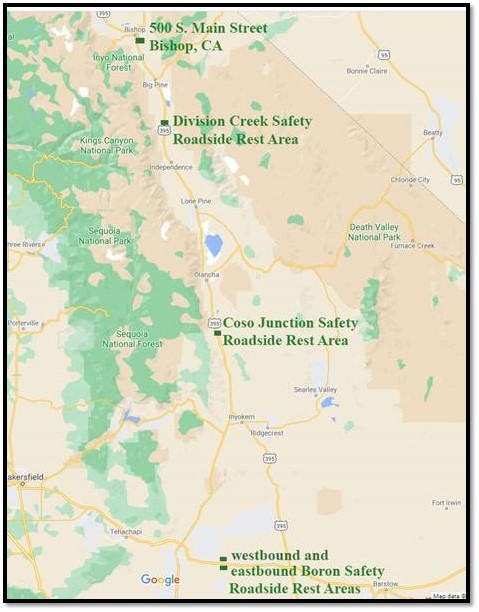 Map showing electric vehicle charging station locations in California's Inyo and Kern counties from north to south: Caltrans office at 500 S. Main Street in Bishop; Division Creek Rest Area on Highway 395, 30 miles south of Bishop; Coso Junction Rest Area on Highway 395, 17 miles north of Pearsonville; and Boron Rest Area on Highway 58, four miles west of Boron (two charging stations, one in each direction).