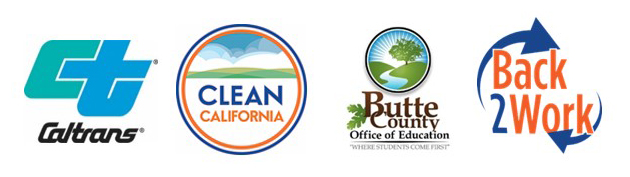 Four logos representing Caltrans, Clean California, the Butte County Office of Education "Where Students Come First," and Back 2 Work.