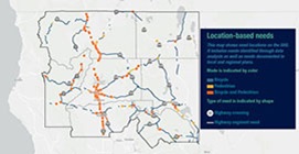A map showing location-based needs in Caltrans District 2, which covers the Northern California mountains, identifies where infrastructure investments would most benefit people walking and bicycling. Each Caltrans District has similar maps available at www.catplan.org.