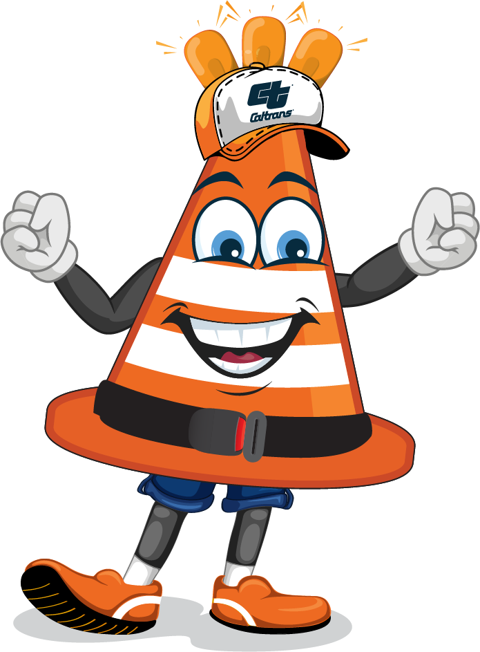 The Work Zone Safety Mascot "Safety Sam," an illustrated orange cone cartoon character that is wearing a Caltrans logo ballcap, white gloves and orange tennis shoes.