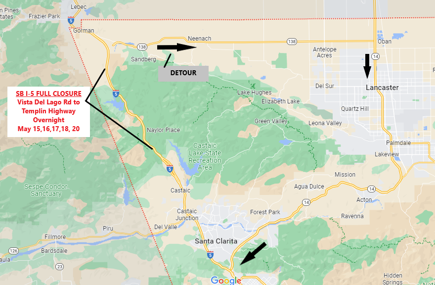 A map showing the overnight southbound Interstate 5 (I-5) closure: SB I-5 Full Closure from Vista Del Lago Road to Templin Highway Overnight May 15, 16, 17, 18 and 20. A detour is indicated: take eastbound State Route 138 (SR-138) just south of Gorman to SR-14 south to southbound I-5 at Santa Clarita.