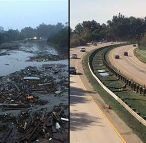 his before/after photo shows the U.S. Highway 101 Interchange at Olive Mill Road where a January 2018 mudslide in Montecito closed the highway for 12 days.