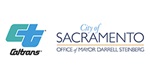The Caltrans logo, a green "C" and a blue "T" intersected, with a script "Caltrans" underneath. Caltrans logo and logotype: Copyright 2021 - California Department of Transportation. All Rights Reserved. To the right of the Caltrans logo is the logo for the City of Sacramento Office of Mayor Darrell Steinberg: "City of" in light blue over the word "Sacramento" in navy blue. Below that is a yellow line with "Office of Mayor Darrell Steinberg" in navy blue beneath it.  