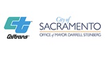 The Caltrans logo, a green "C" and a blue "T" intersected, with a script "Caltrans" underneath. Caltrans logo and logotype: Copyright 2021 - California Department of Transportation. All Rights Reserved. To the right of the Caltrans logo is the logo for the City of Sacramento Office of Mayor Darrell Steinberg: "City of" in light blue over the word "Sacramento" in navy blue. Below that is a yellow line with "Office of Mayor Darrell Steinberg" in navy blue beneath it.