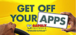 Safety campaign graphic for "Get Off Your Apps" by Go Safely California, California Office of Traffic Safety in Partnership with Caltrans. The graphic has bold words "Get Off Your" above a driver's left hand gripping a steering wheel and a right hand holding a mobile phone that contains the word "Apps" to complete the campaign slogan. 